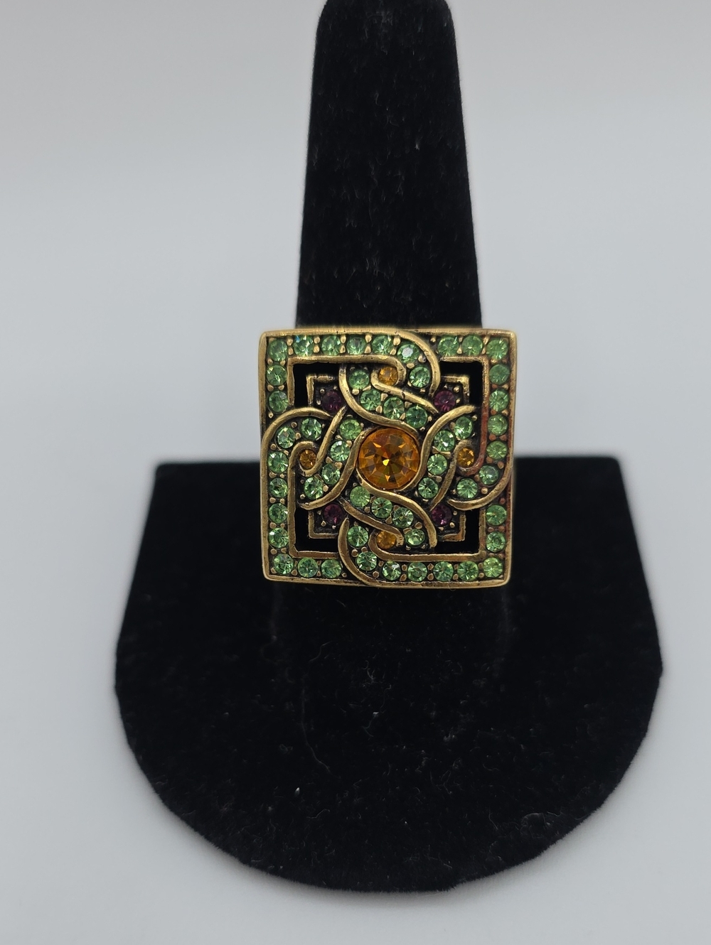 LaVintage Gold-Tone Green and Amber Square Statement Ring